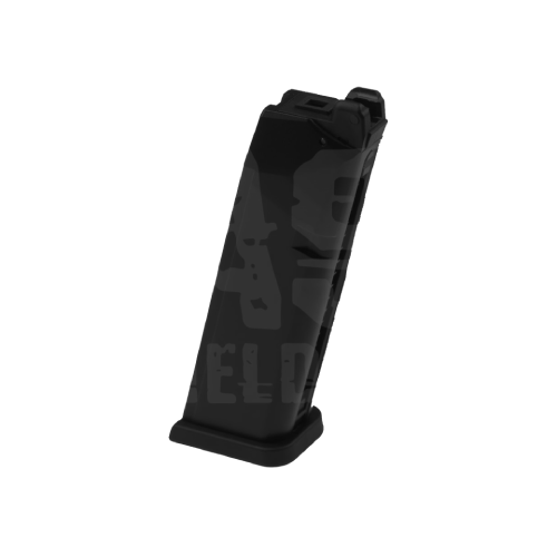 Schwarzes Airsoft-Magazin, leicht angewinkelt, vor weißem Hintergrund.