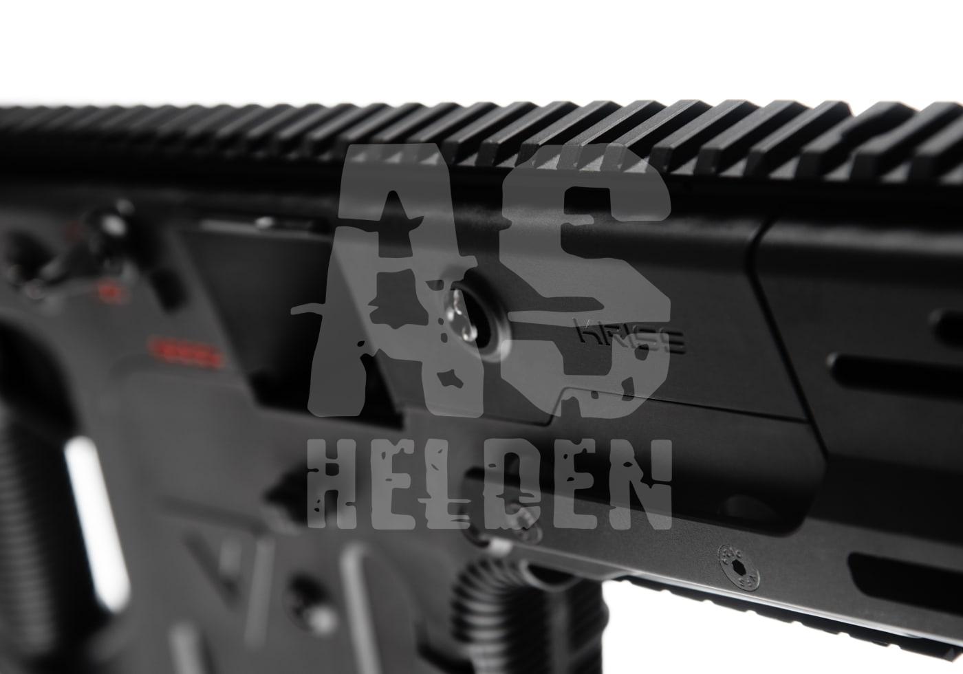 Detailaufnahme eines schwarzen Airsoft-Gewehrs mit taktischer Schiene und Logo "AS Helden".