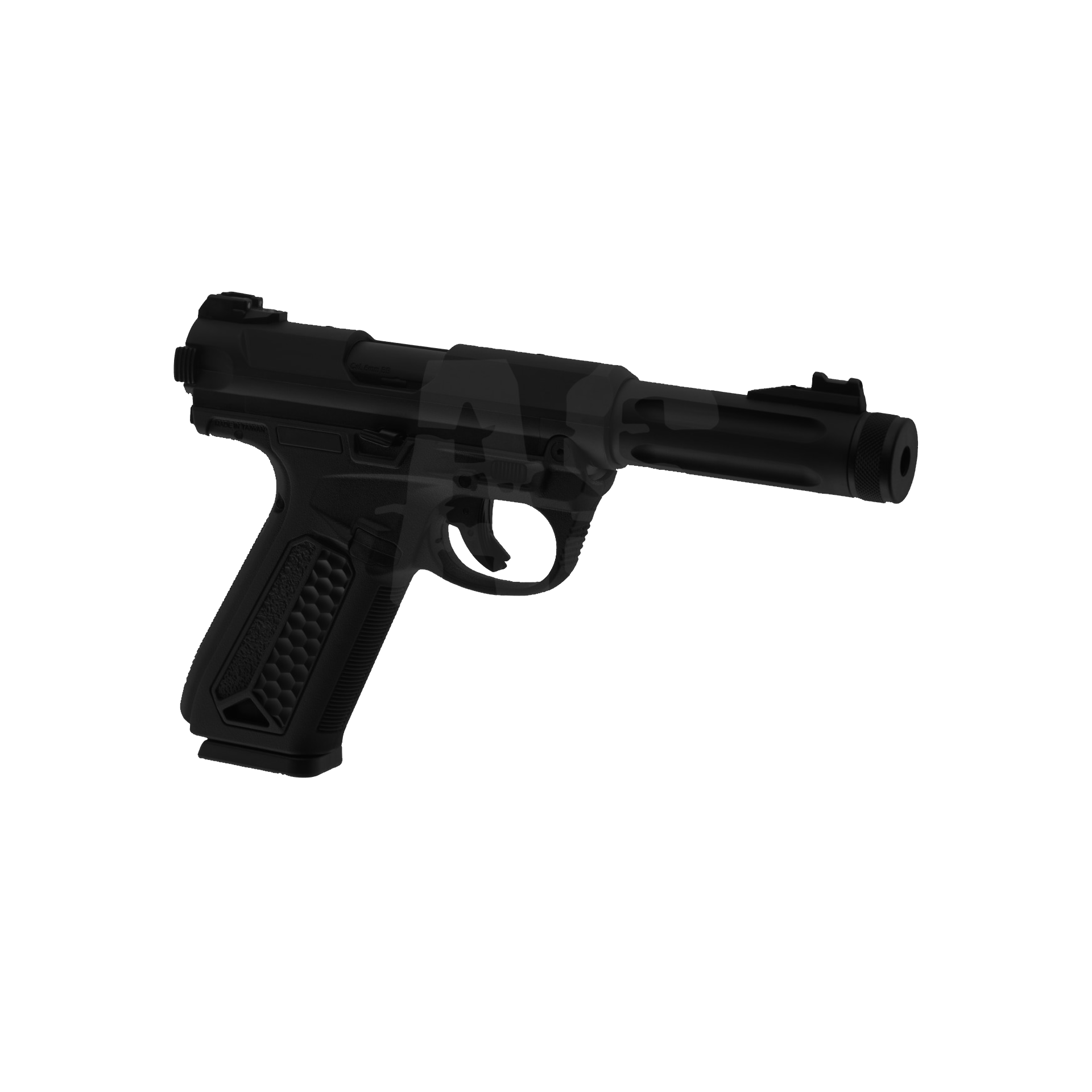 Schwarze Airsoft-Pistole mit langem Lauf vor schwarzem Hintergrund.