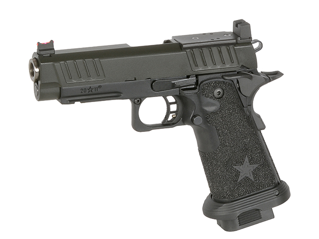 Airsoft-Pistole, schwarz, modernes Design, strukturierter Griff, Stern-Emblem, rote Visierung. Ideal für taktische Spiele.