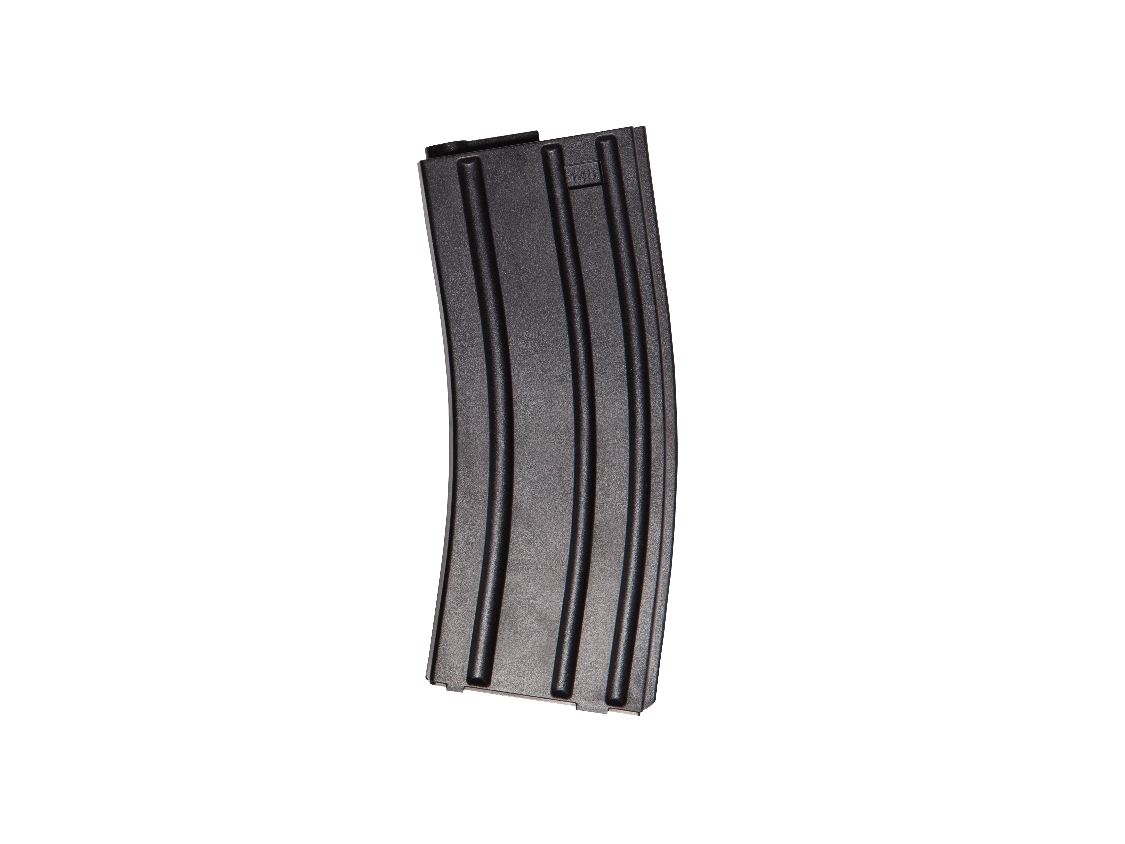 Schwarzes Airsoft-Magazin mit gebogener Form, passend für Gewehre im M4-Stil.