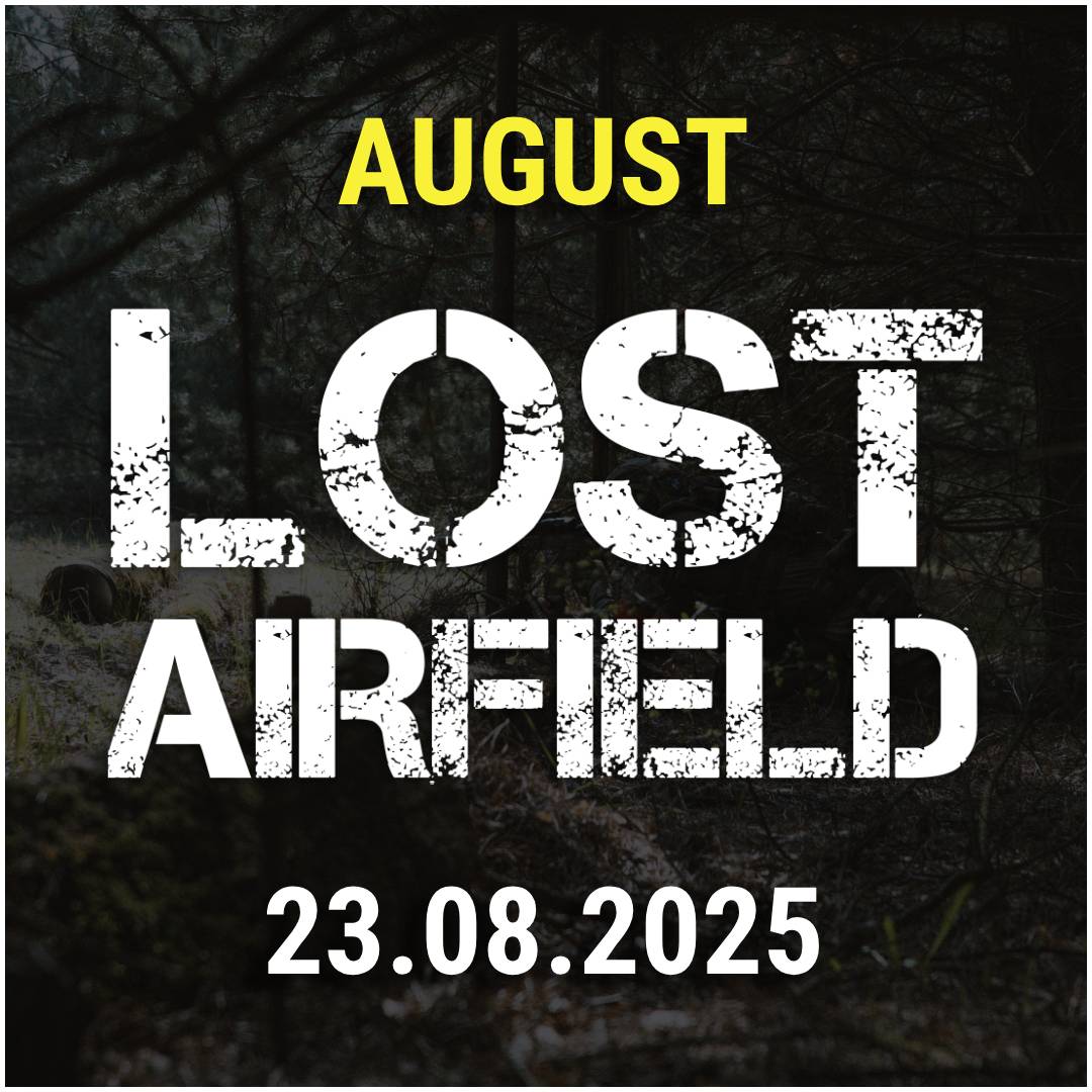 Text "LOST AIRFIELD", Event am 23.08.2025, dunkler Waldhintergrund.