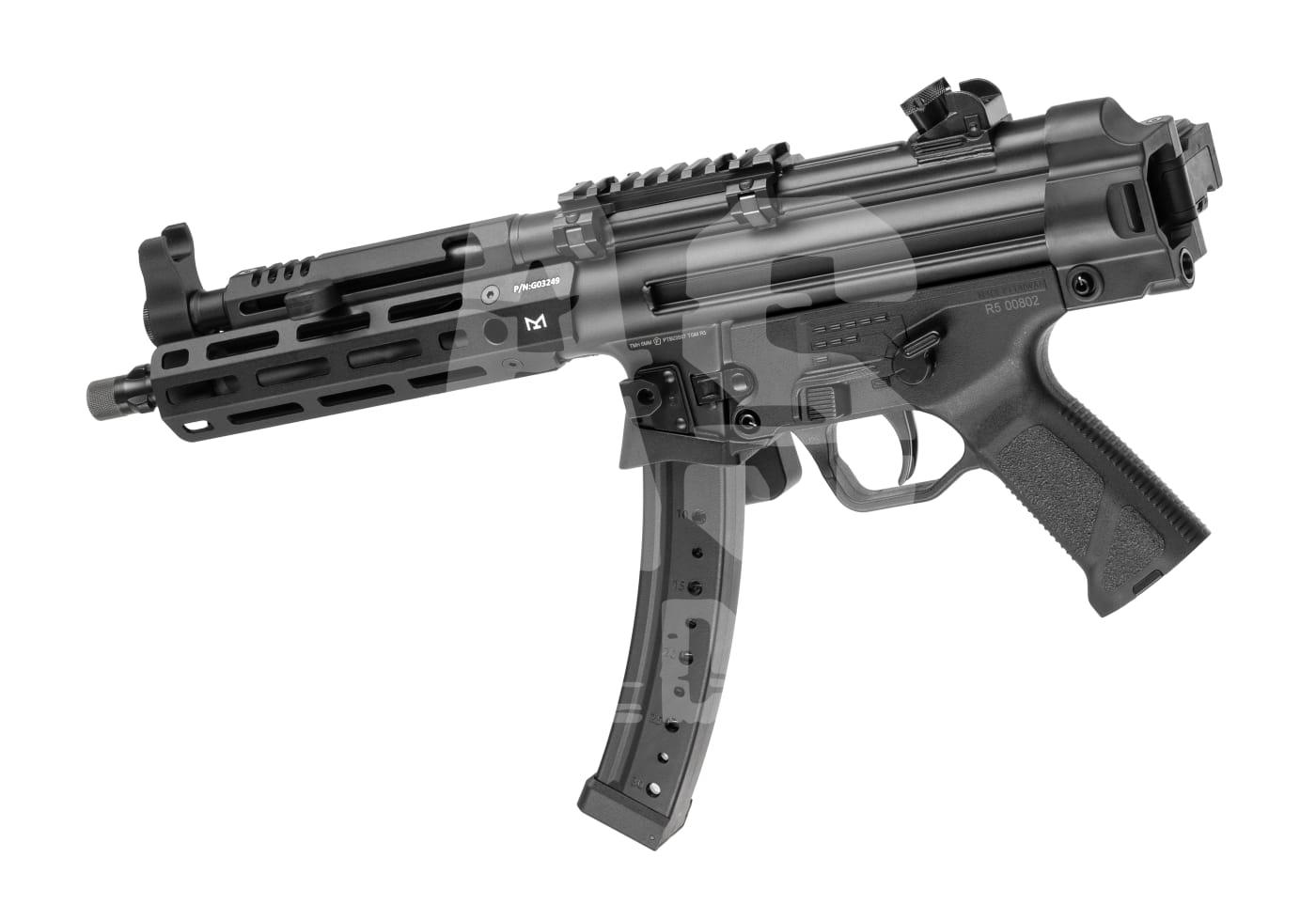 Schwarze Airsoft-MP5-Replik mit taktischer Schiene und Magazin.