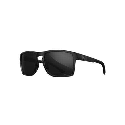 Schwarze taktische Sonnenbrille mit rechteckigen Gläsern und robustem Design.