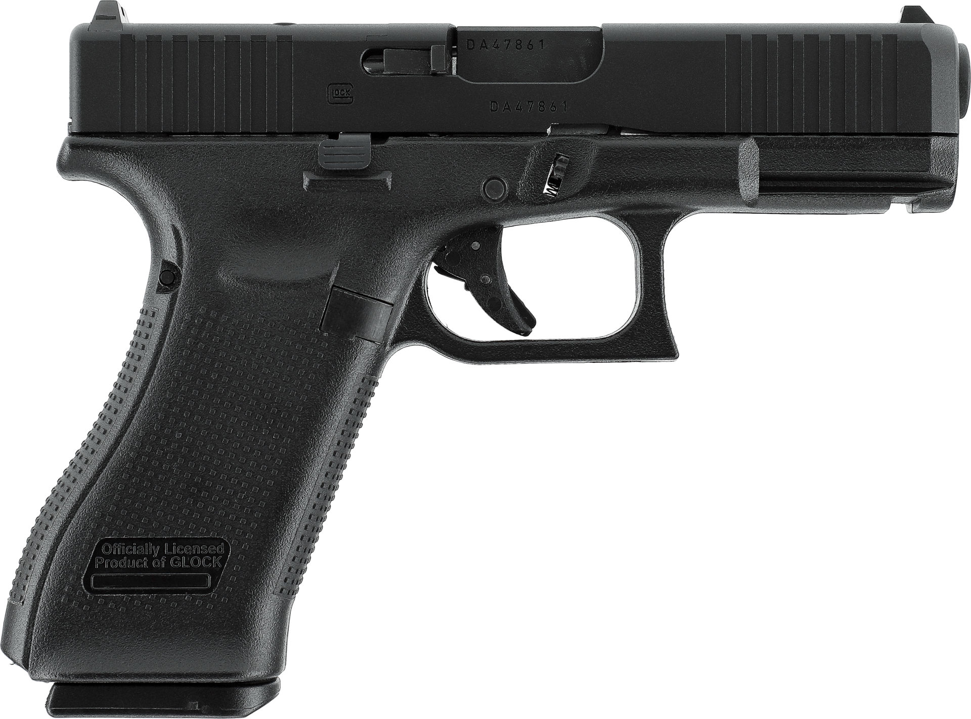 Schwarze Airsoft-Pistole im Glock-Stil, Seitenansicht, auf weißem Hintergrund.
