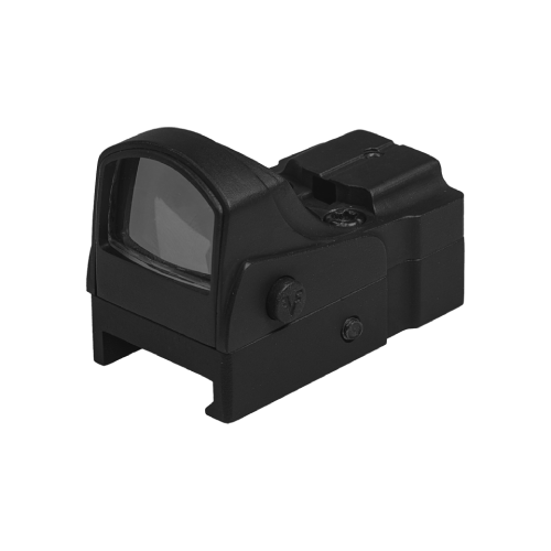Kompaktes Reflexvisier für Airsoft-Waffen, schwarze Bauweise, klare Sichtscheibe, robuste Konstruktion.