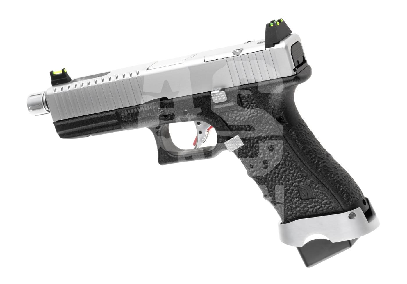 Vorsk EU17 GBB - ab 18 Jahren Silberne Airsoft-Pistole mit schwarzem Griff, grünen Visierpunkten, texturierter Oberfläche, Seitenansicht.