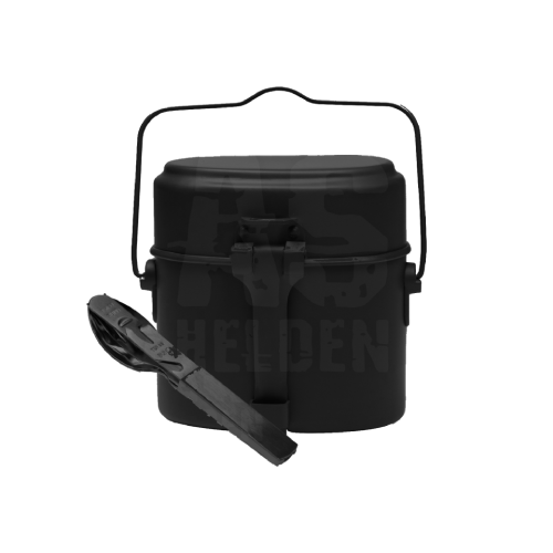 Schwarzes Outdoor-Kochset mit Henkel und Klappbesteckset, ideal für Airsoft-Camping.