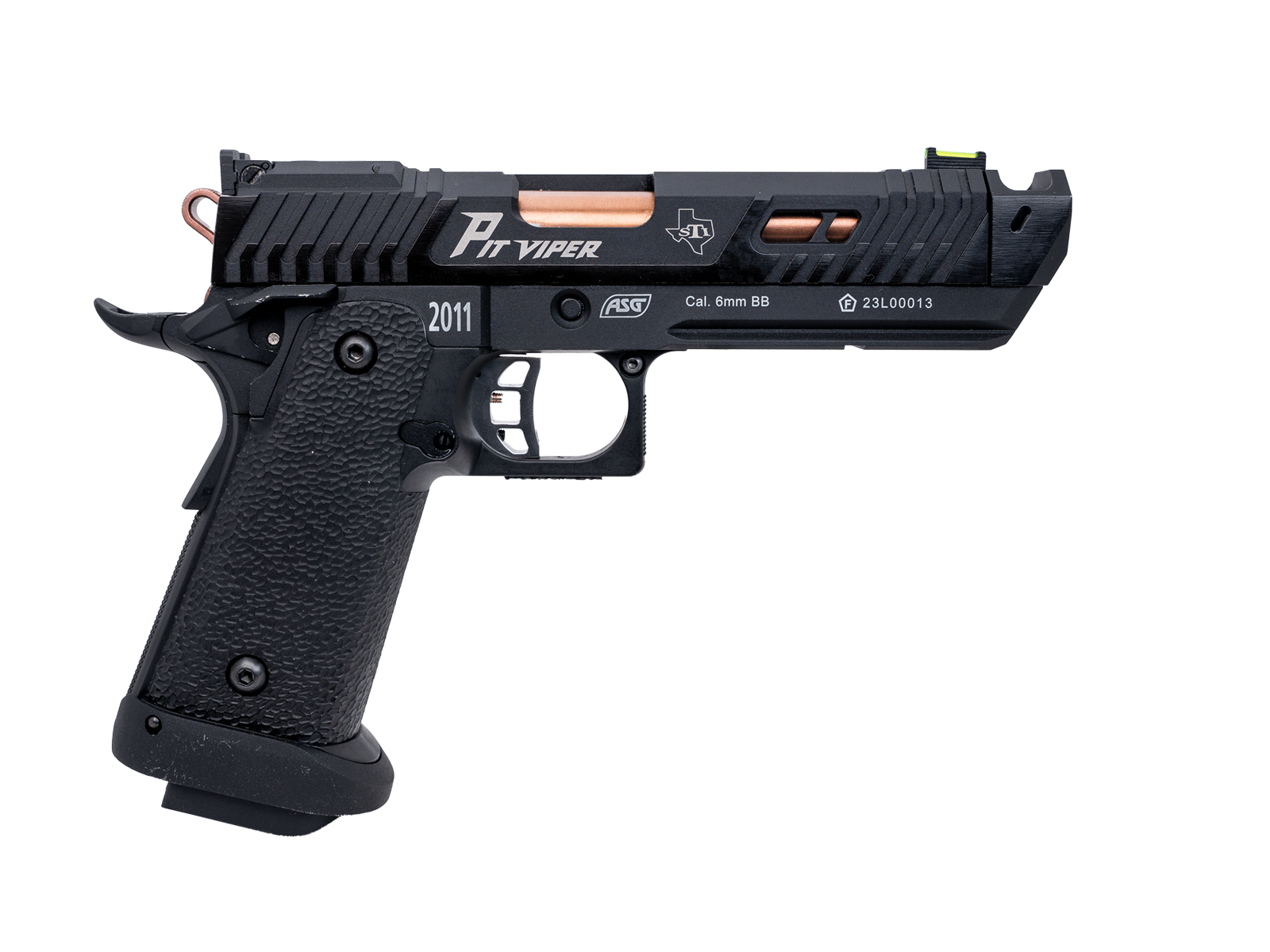 Schwarze Airsoft-Pistole Pit Viper 2011, Kaliber 6mm BB, mit strukturiertem Griff.