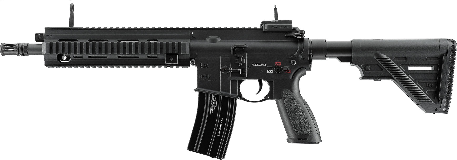Schwarzes Airsoft-Gewehr HK416 mit taktischer Schiene und verstellbarem Schaft, Seitenansicht.