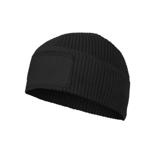 Schwarze Strickmütze mit Klettfläche, ideal für Airsoft-Einsätze.