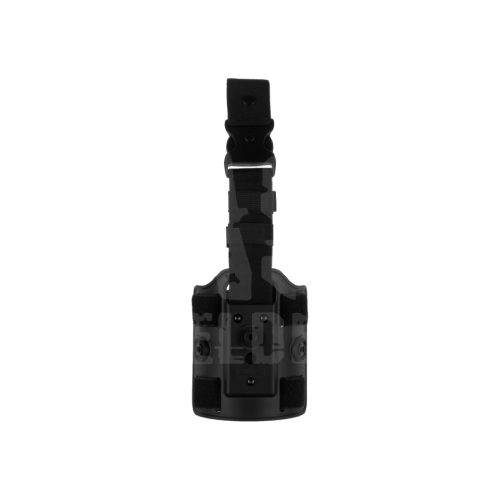 Schwarzes Airsoft-Oberschenkelholster mit verstellbarem Gurt und Befestigungen, Vorderansicht.