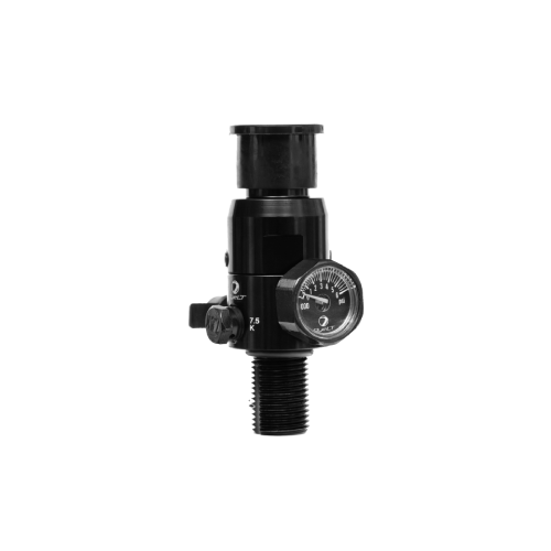 Schwarzer Airsoft-Druckregler mit Manometer und Anschluss für HPA-Systeme.
