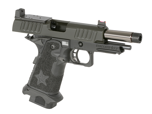 Airsoft-Pistole in Schwarz mit strukturiertem Griff und freiliegendem Lauf. Ideal für taktische Spiele.