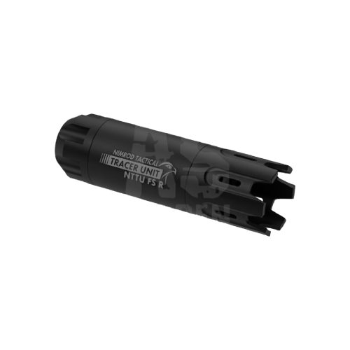 Schwarze Nimrod Tactical Tracer Unit NTTU FS für Airsoft-Waffen, zylinderförmig mit Aufschrift.