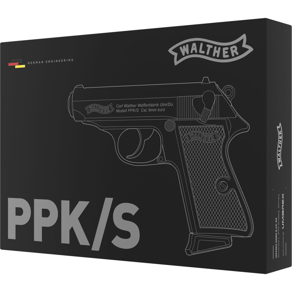 Schwarze Verpackung mit Walther PPK/S Grafik, 9mm Kurz, German Engineering Logo.