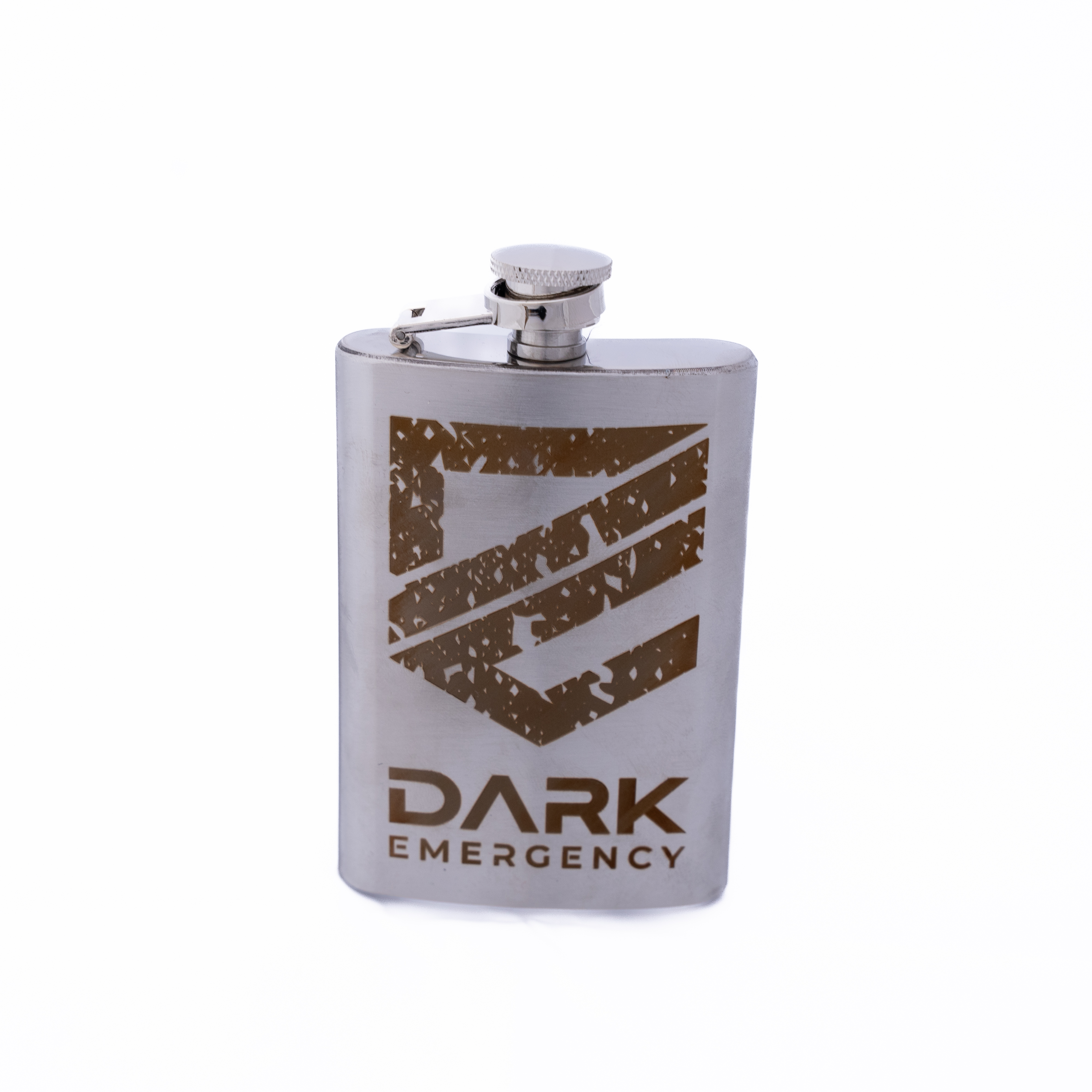 Flachmann mit "Dark Emergency"-Logo, ideal für Airsoft-Events.