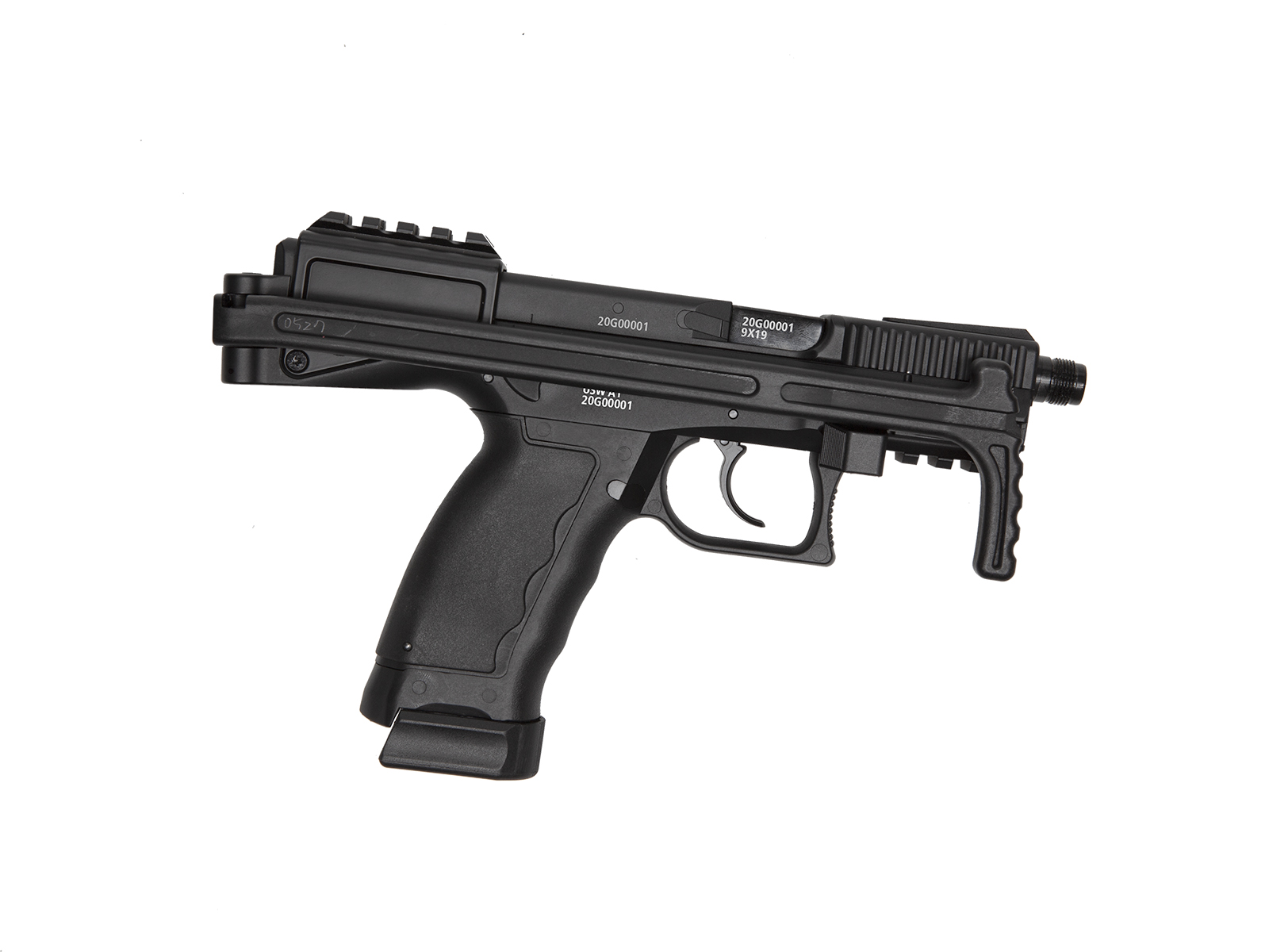 ASG B&T USW A1 black GBB CO² - ab 18 Jahren Schwarze Airsoft-Pistole mit optischer Schiene, isoliert auf weißem Hintergrund.