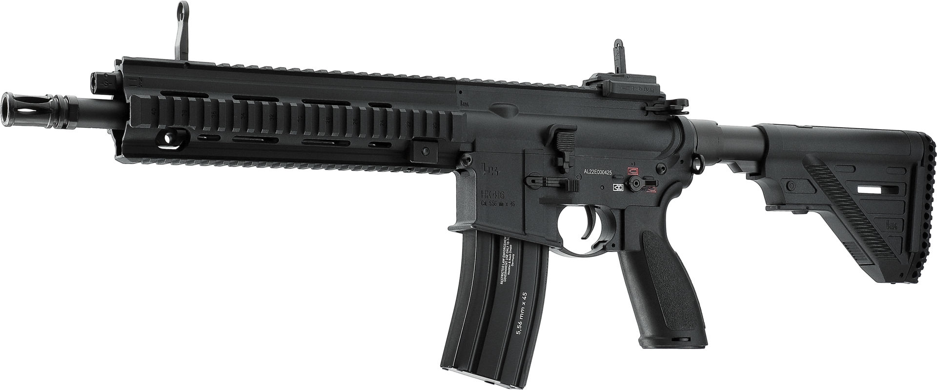 Schwarzes Airsoft Sturmgewehr HK416 mit taktischen Schienen und verstellbarer Schulterstütze.