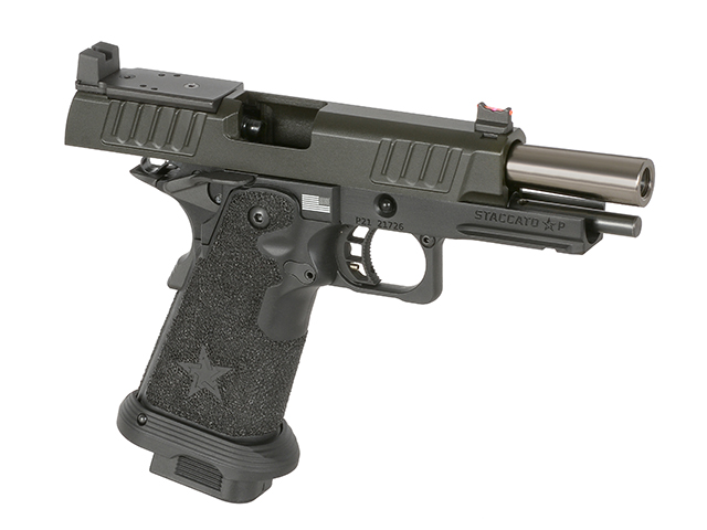 Schwarze Airsoft-Pistole mit strukturiertem Griff und sichtbarem Lauf in seitlicher Ansicht.