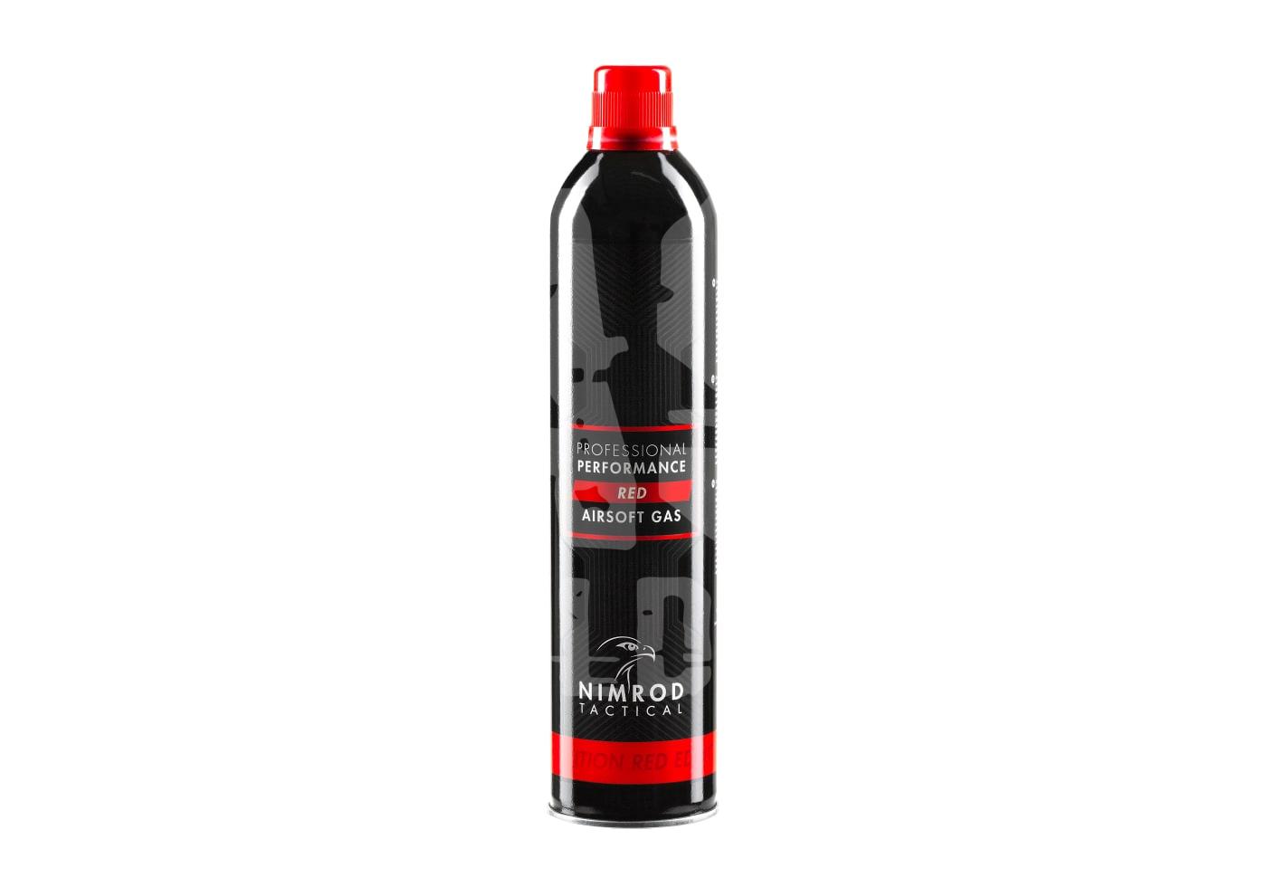 Nimrod Tactical Airsoft-Gasdose, schwarze Flasche mit rotem Aufsatz und Aufschrift für professionelle Leistung.