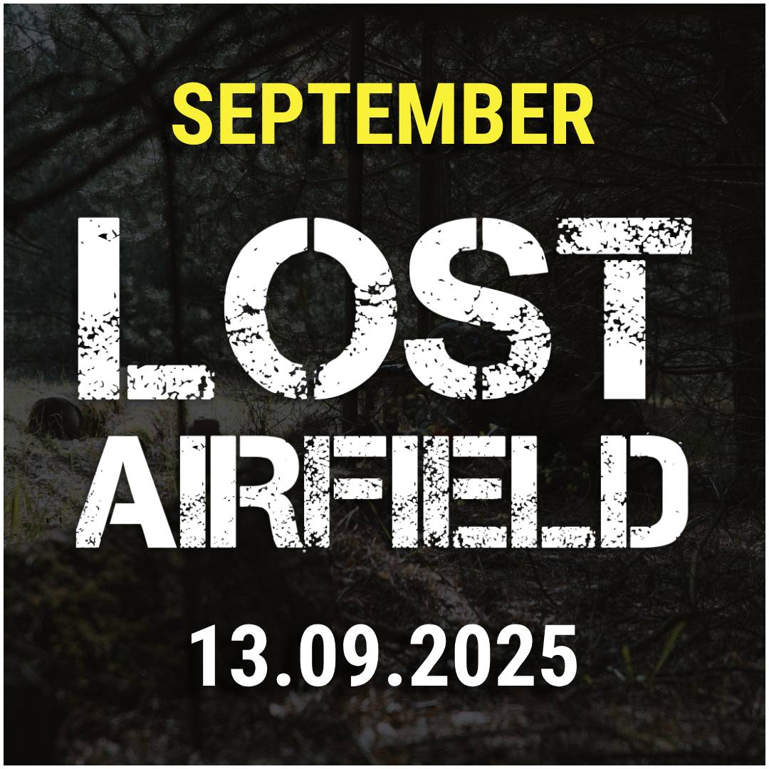 Plakat für "Lost Airfield" Airsoft-Event am 13.09.2025. Hintergrund mit Waldmotiv.