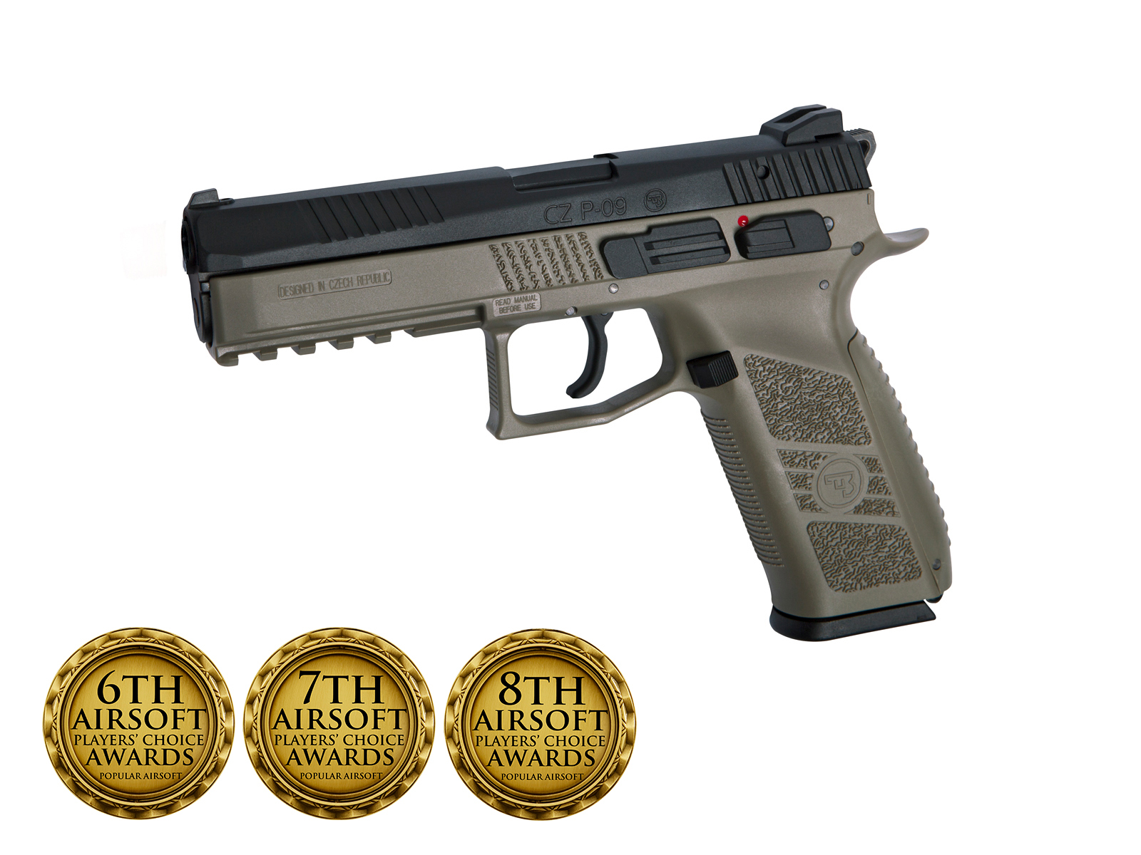 Airsoft-Pistole CZ P-09 in Tan mit drei Gold-Awards.