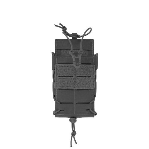 Schwarze Airsoft-Magazintasche mit Molle-System und elastischer Kordel. Ideal für taktische Ausrüstung.