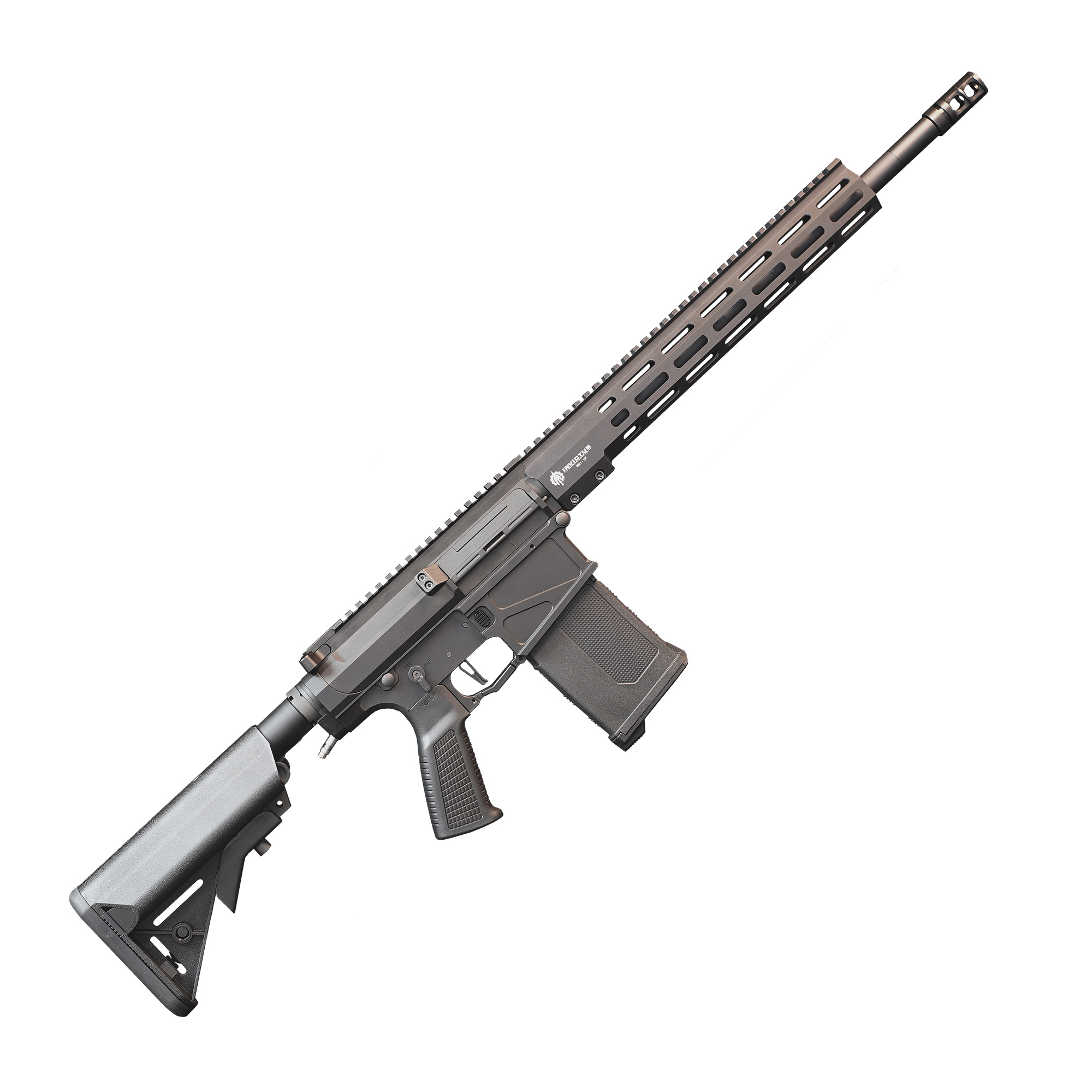 Ein halbautomatisches Sturmgewehr mit einem langen Lauf und einem taktischen Schaft.