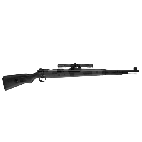 Airsoft-Scharfschützengewehr mit Zielfernrohr und Tarnmuster, schwarzer Schaft.