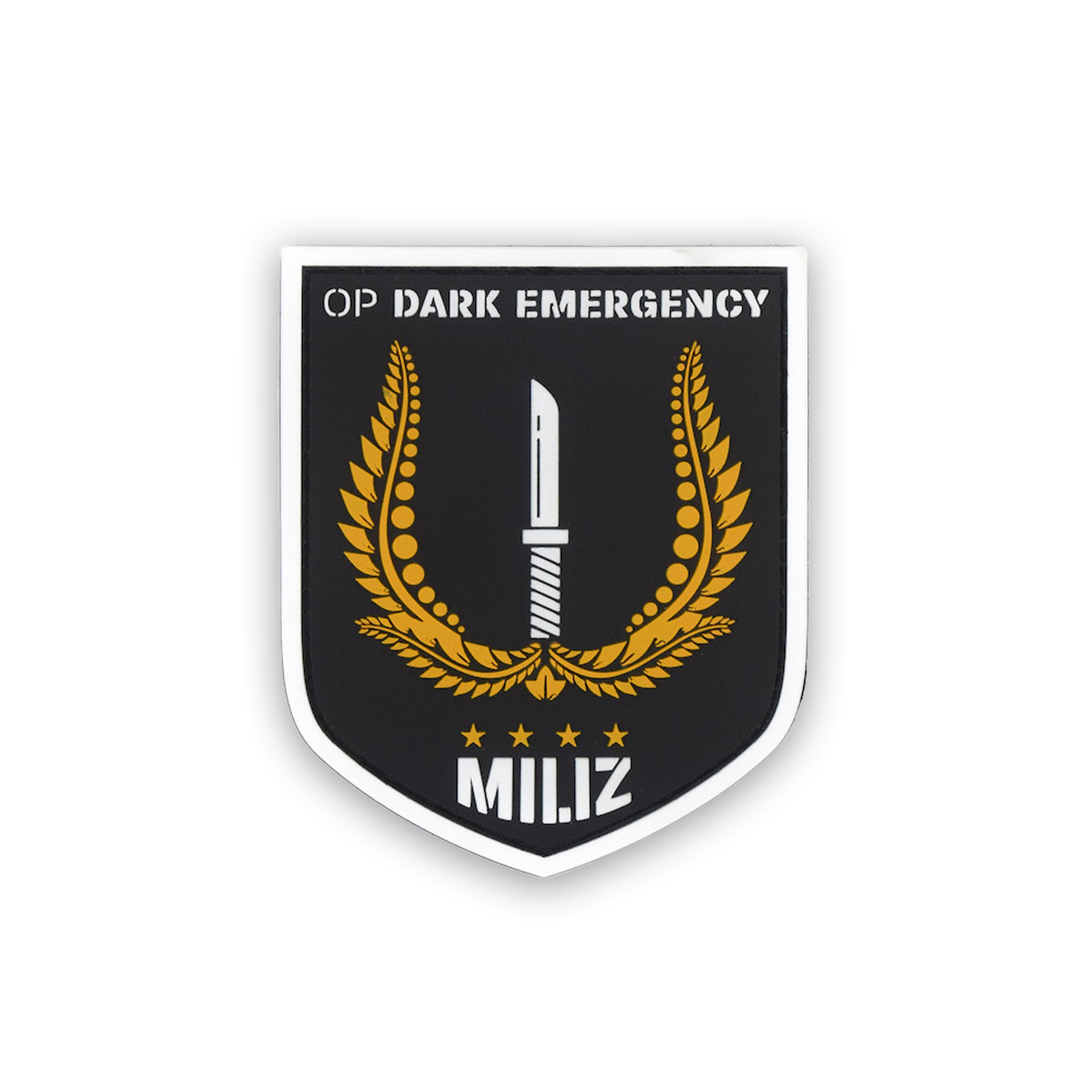 Schwarzes Abzeichen "OP Dark Emergency" mit Dolch und Lorbeerkranz, Schriftzug "MILIZ" unten.