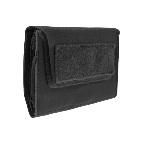 Schwarze Airsoft-Tasche mit Klettverschluss, ideal zur Aufbewahrung von Zubehör.