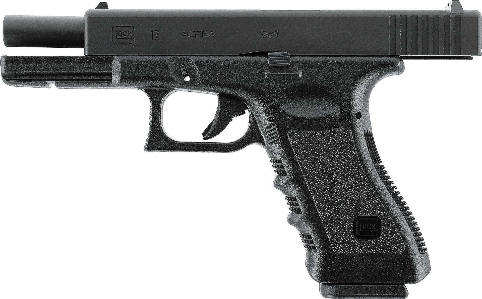 Airsoftpistole in schwarz, Seitenansicht, detaillierter Griff und Abzug sichtbar.
