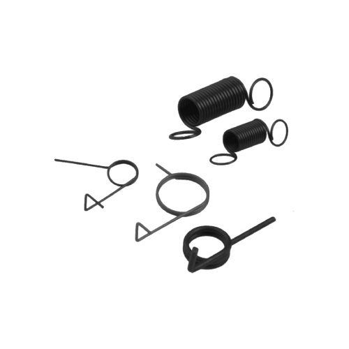 Set aus schwarzen Airsoft-Abzugfedern und Pins, verschiedene Größen.