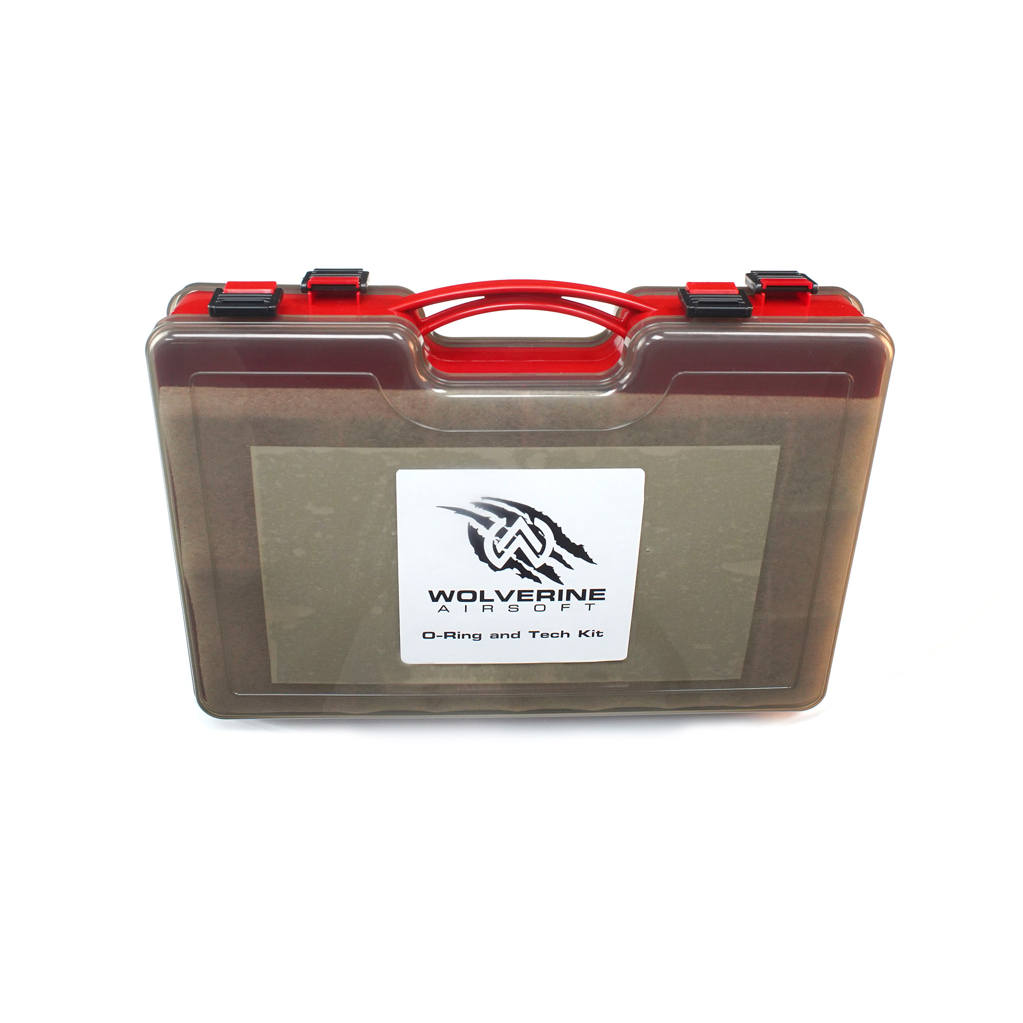 Transparenter Koffer mit rotem Griff, "Wolverine Airsoft"-Label, O-Ring und Tech Kit.