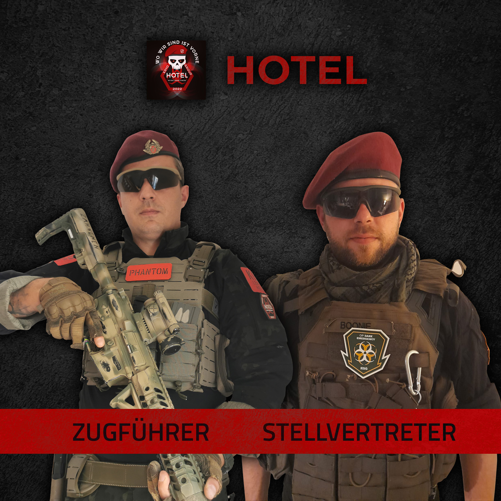 Zwei Airsoft-Spieler in Uniform, einer mit Gewehr. Text: "Zugführer" und "Stellvertreter", Logo "Hotel".