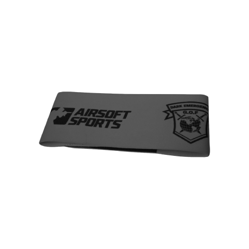 Schwarzes Airsoft-Stirnband mit "Airsoft Sports" und Emblem-Aufdruck.