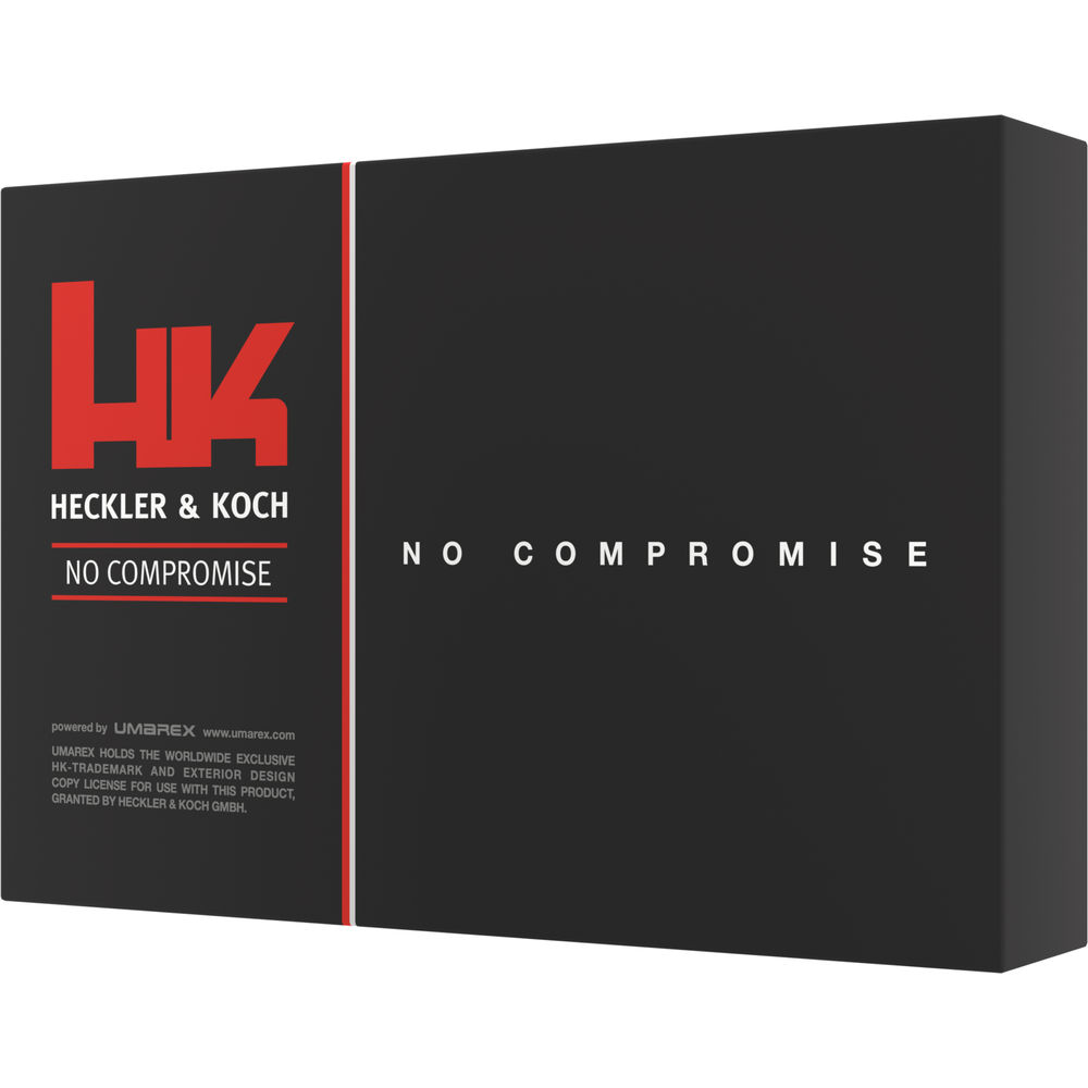 Schwarze Verpackung mit HK-Logo und Slogan "No Compromise" von Heckler & Koch.