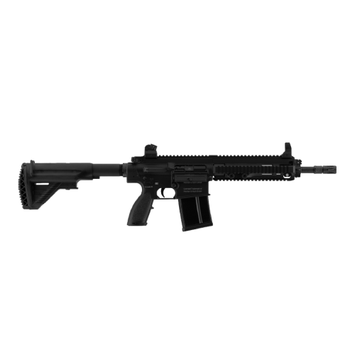 Schwarzes Airsoft-Gewehr mit verstellbarer Schulterstütze und taktischer Schiene, seitliche Ansicht.