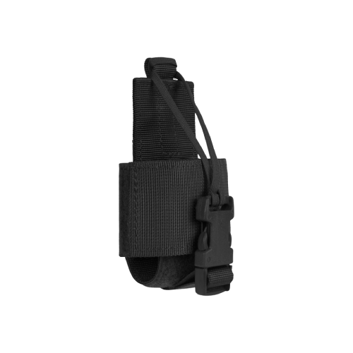 Schwarzes Airsoft-Magazintasche mit elastischem Band und Clipverschluss. Ideal zur sicheren Aufbewahrung.