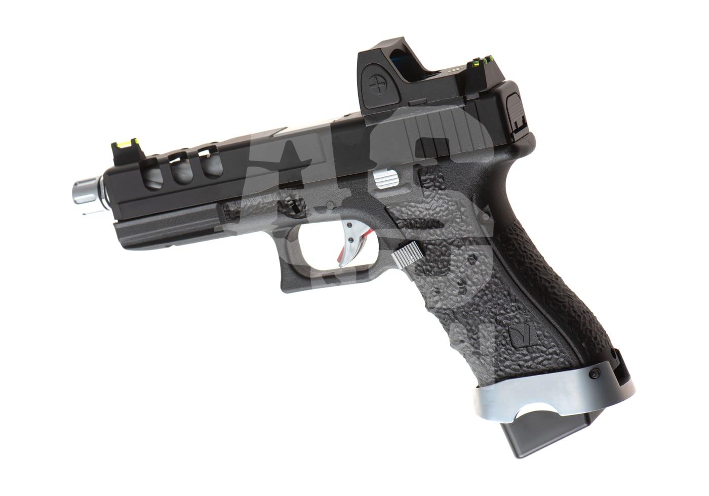 Airsoft-Pistole mit schwarzem Griff und Montageschiene.