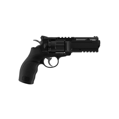 Schwarzer Airsoft-Revolver mit taktischem Design und strukturiertem Griff, seitliche Ansicht.