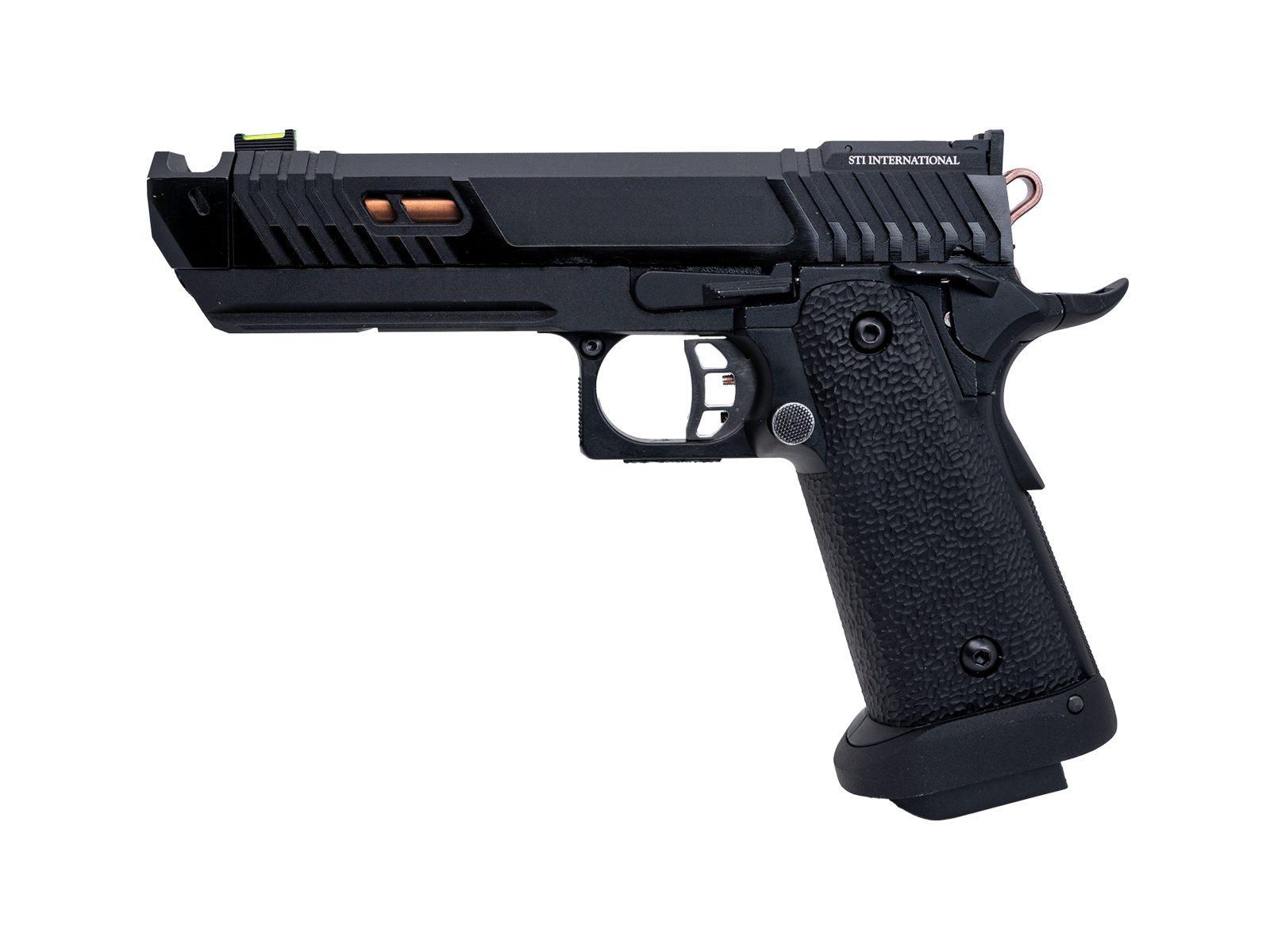 Schwarze Airsoft-Pistole mit texturiertem Griff und modernem Schlitten-Design, linksbündig.