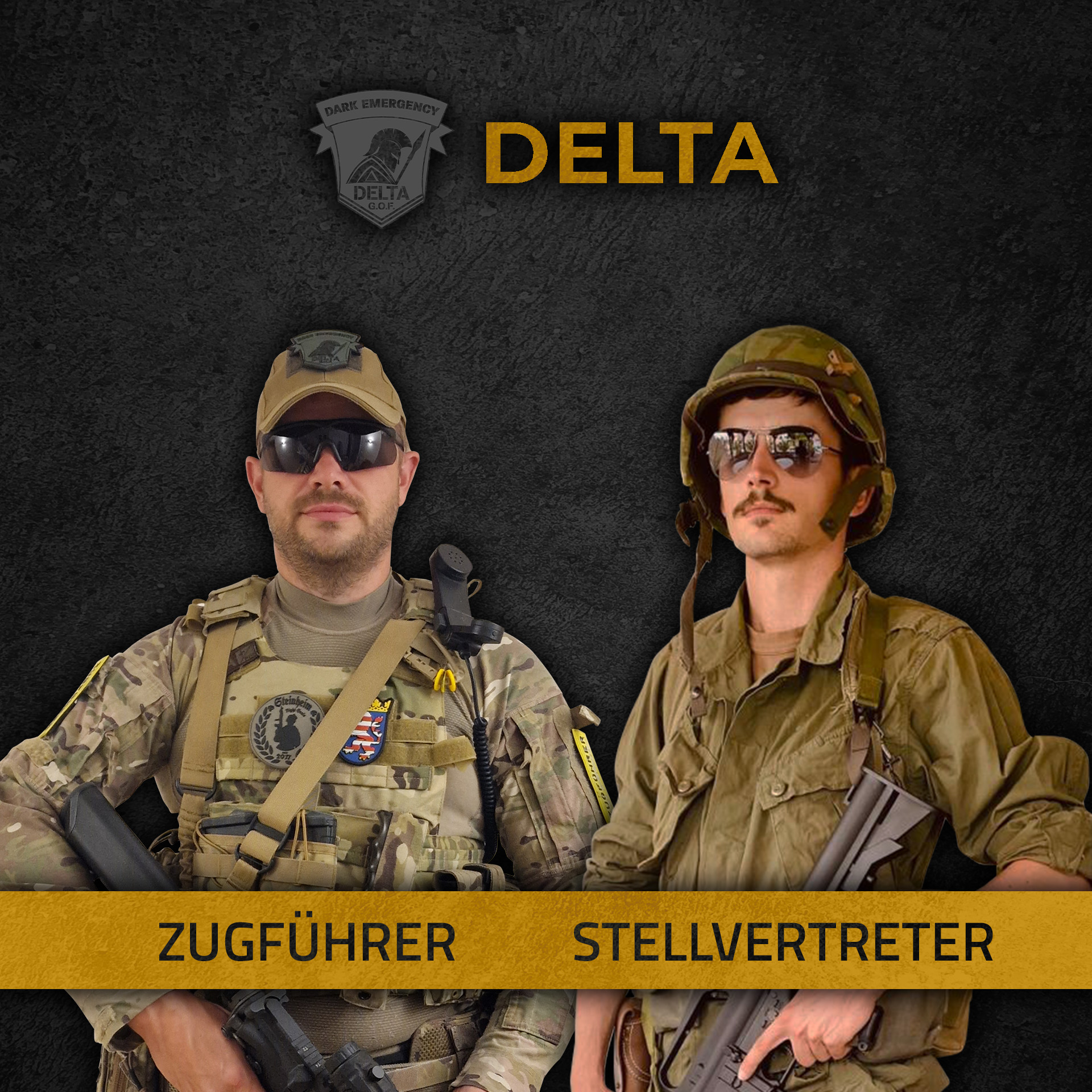 Zwei Airsoft-Spieler in militärischer Ausrüstung, links "Zugführer", rechts "Stellvertreter", mit "Delta"-Logo im Hintergrund.