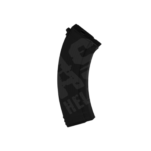 Schwarzes Airsoft-Magazin, gekrümmte Form, mit großem, subtilen Logo-Print an der Seite.
