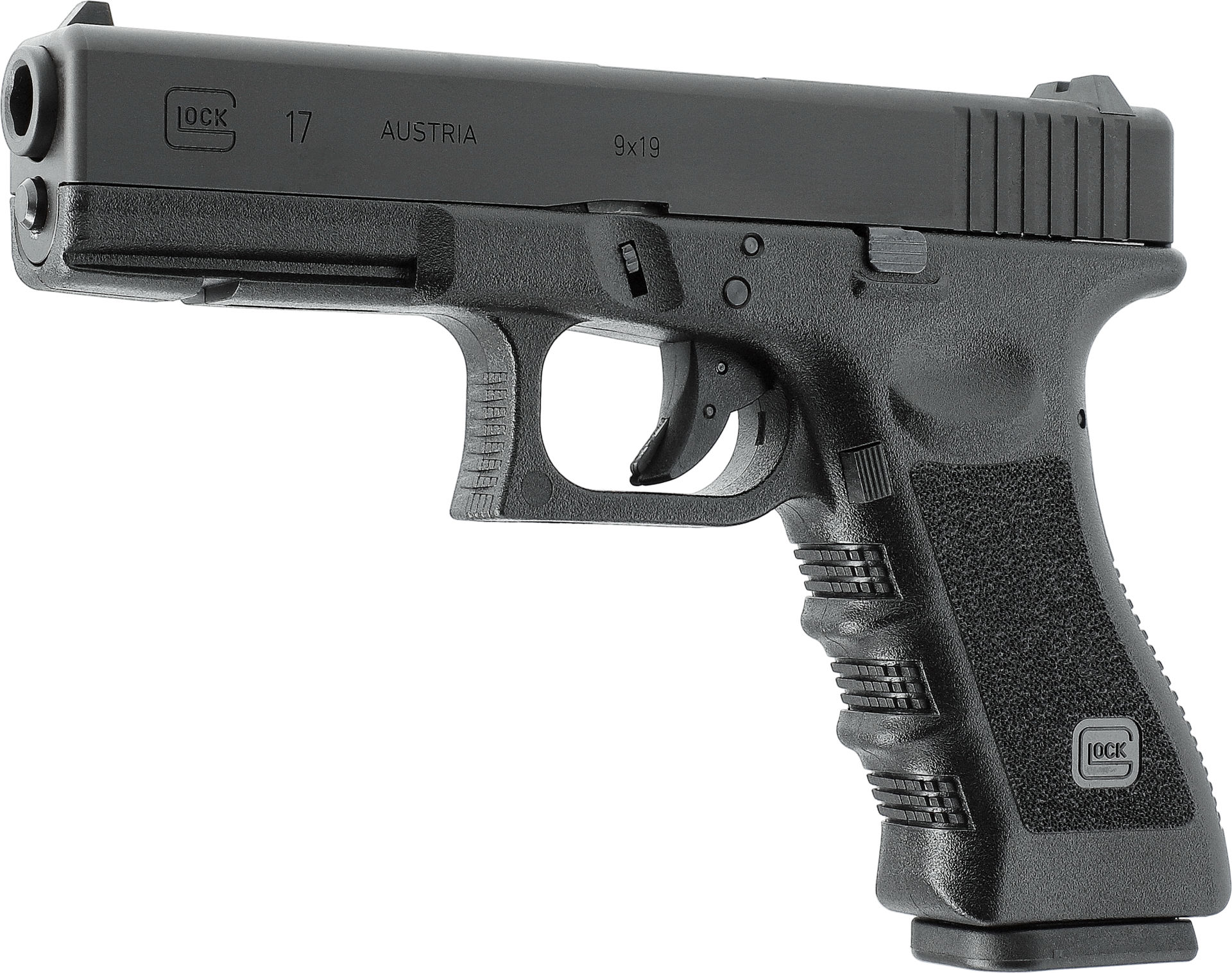 Schwarze Airsoft-Pistole, seitlich, mit markantem Griff und Schlitten, Detailbetrachtung.