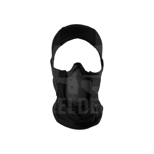 Schwarze Airsoft-Balaclava mit integriertem Mesh-Gesichtsschutz.