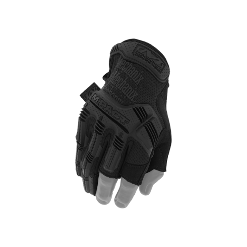 Schwarzer taktischer Handschuh für Airsoft, mit verstärktem Schutz und freiliegenden Fingerkuppen.