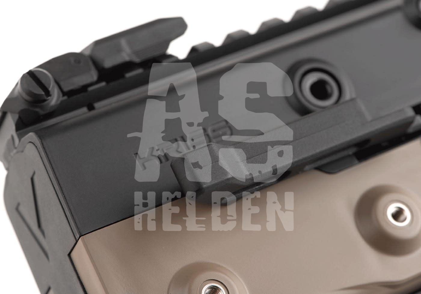 Nahaufnahme einer Airsoft-Rail in Schwarz und Braun mit Schrauben, darüber AS Helden-Logo.