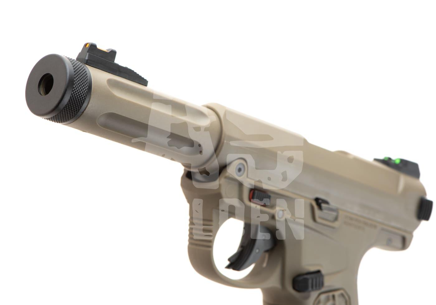 Action Army AAP01 GBB Semi Auto - ab 18 Jahren Beige Airsoft-Pistole mit langem Lauf und Kimme.
